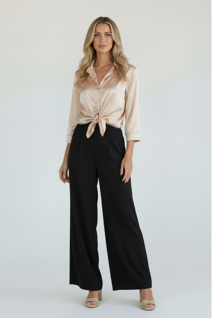 Women’s Satin Button-Front Shirt with Long Sleeves