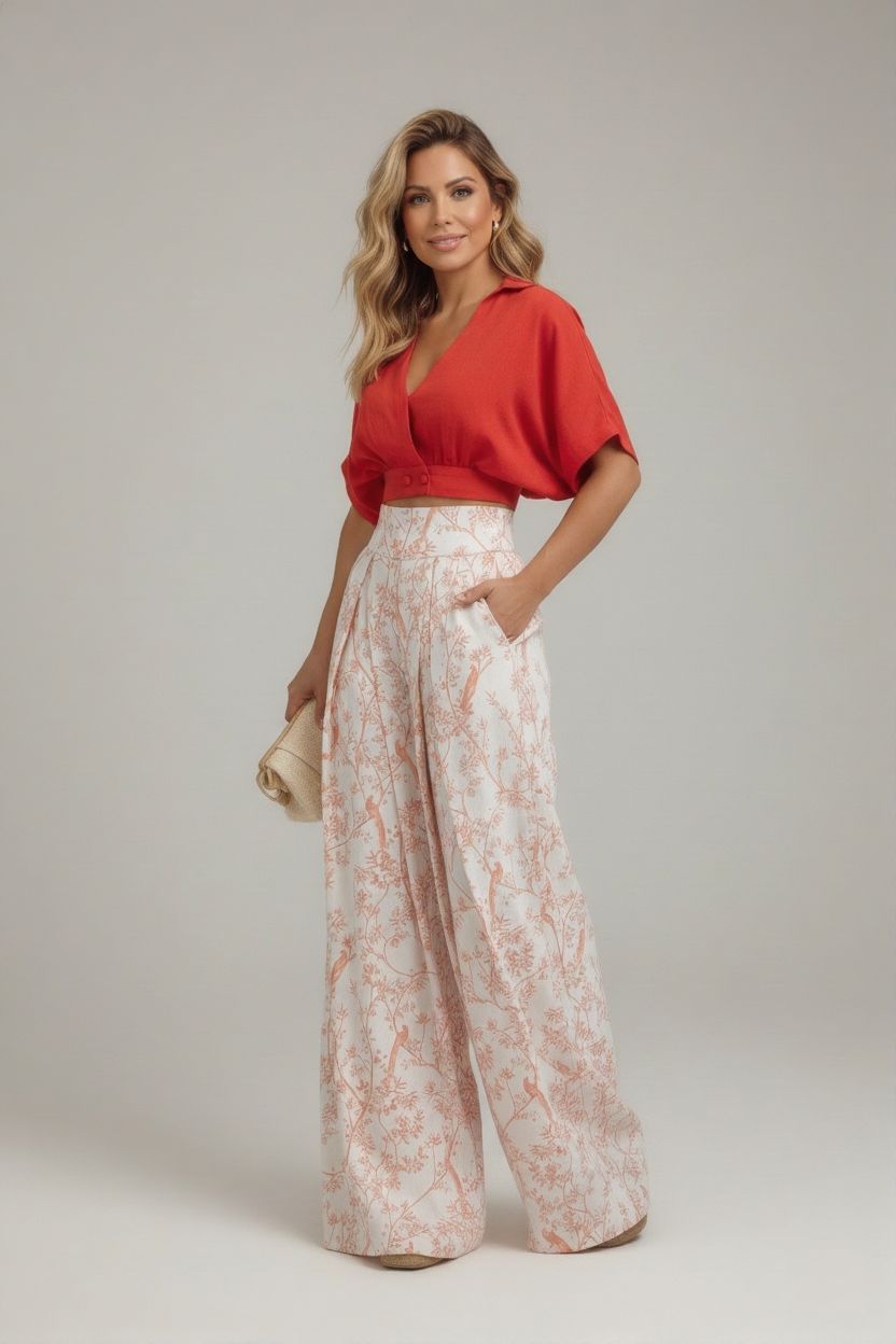 Women’s Floral Two-Piece Set with Crop Top and Pants