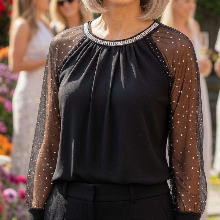 Women’s Sequin Embellished Evening Top with Mesh Long Sleeves