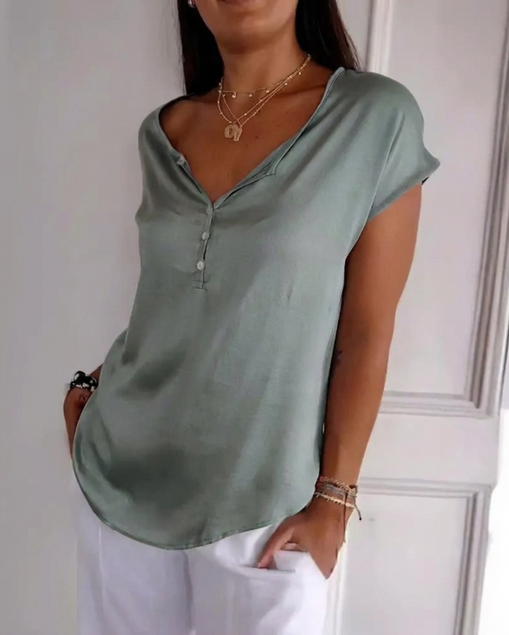 Women’s Button Front V-neck Top with Short Sleeves