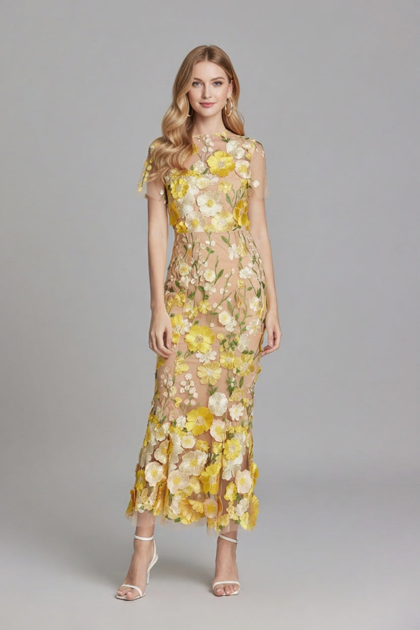 Women’s Floral Embroidered Sheer Maxi Dress with Short Sleeves