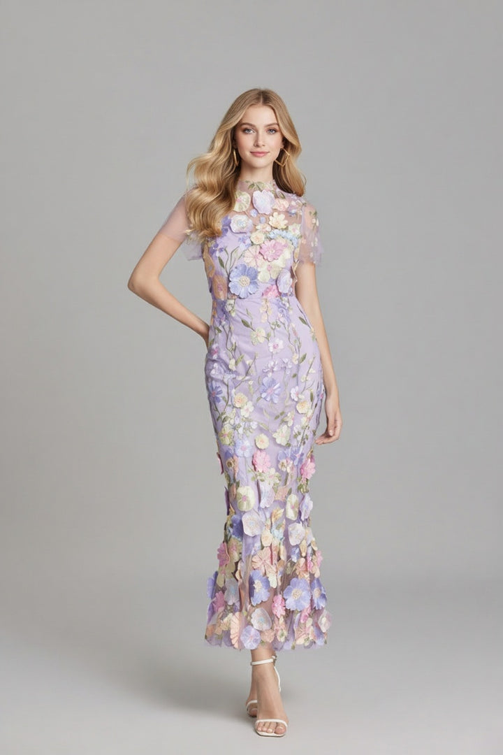 Women’s Floral Embroidered Sheer Maxi Dress with Short Sleeves