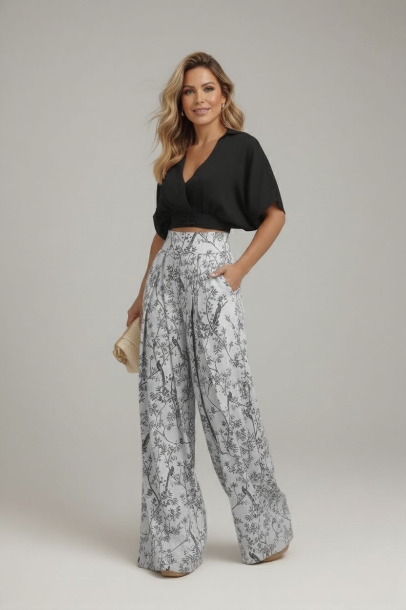 Women’s Floral Two-Piece Set with Crop Top and Pants
