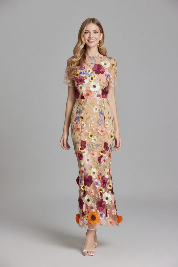 Women’s Floral Embroidered Sheer Maxi Dress with Short Sleeves