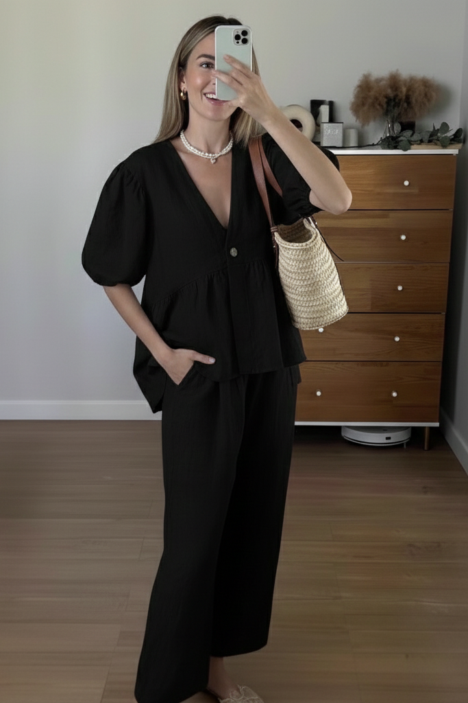 Women’s Cotton Puff sleeves Top Two Piece Set with Flowing Pants