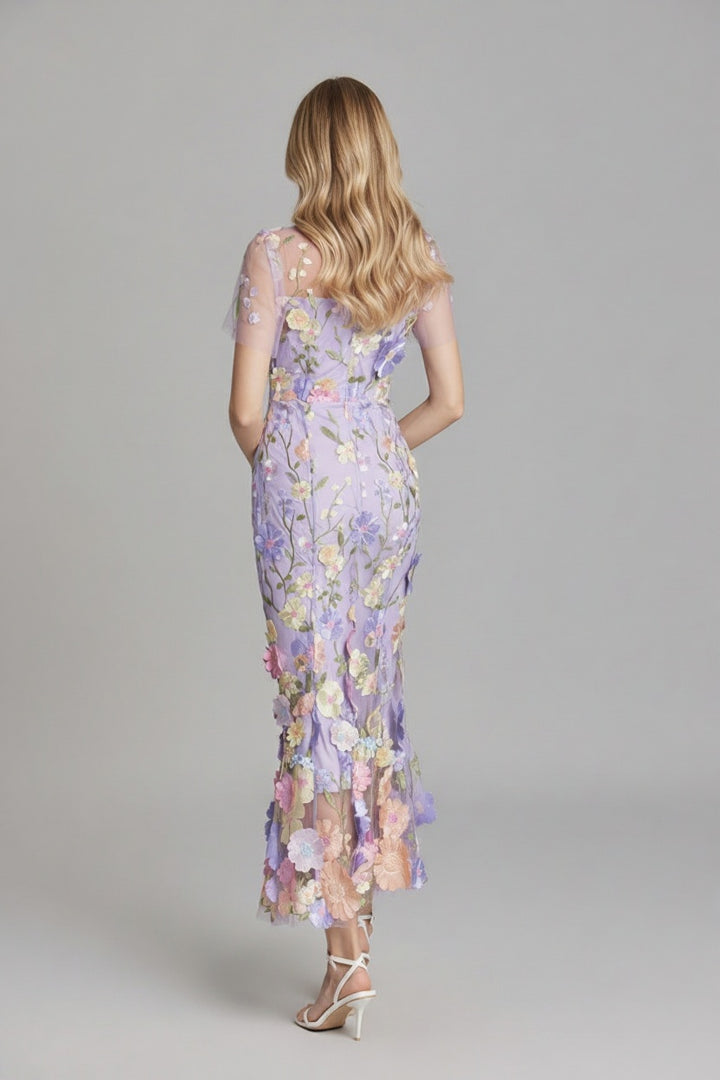 Women’s Floral Embroidered Sheer Maxi Dress with Short Sleeves
