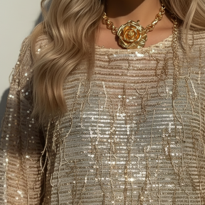 Women’s Sequin Set with Long Sleeve Top and Shorts