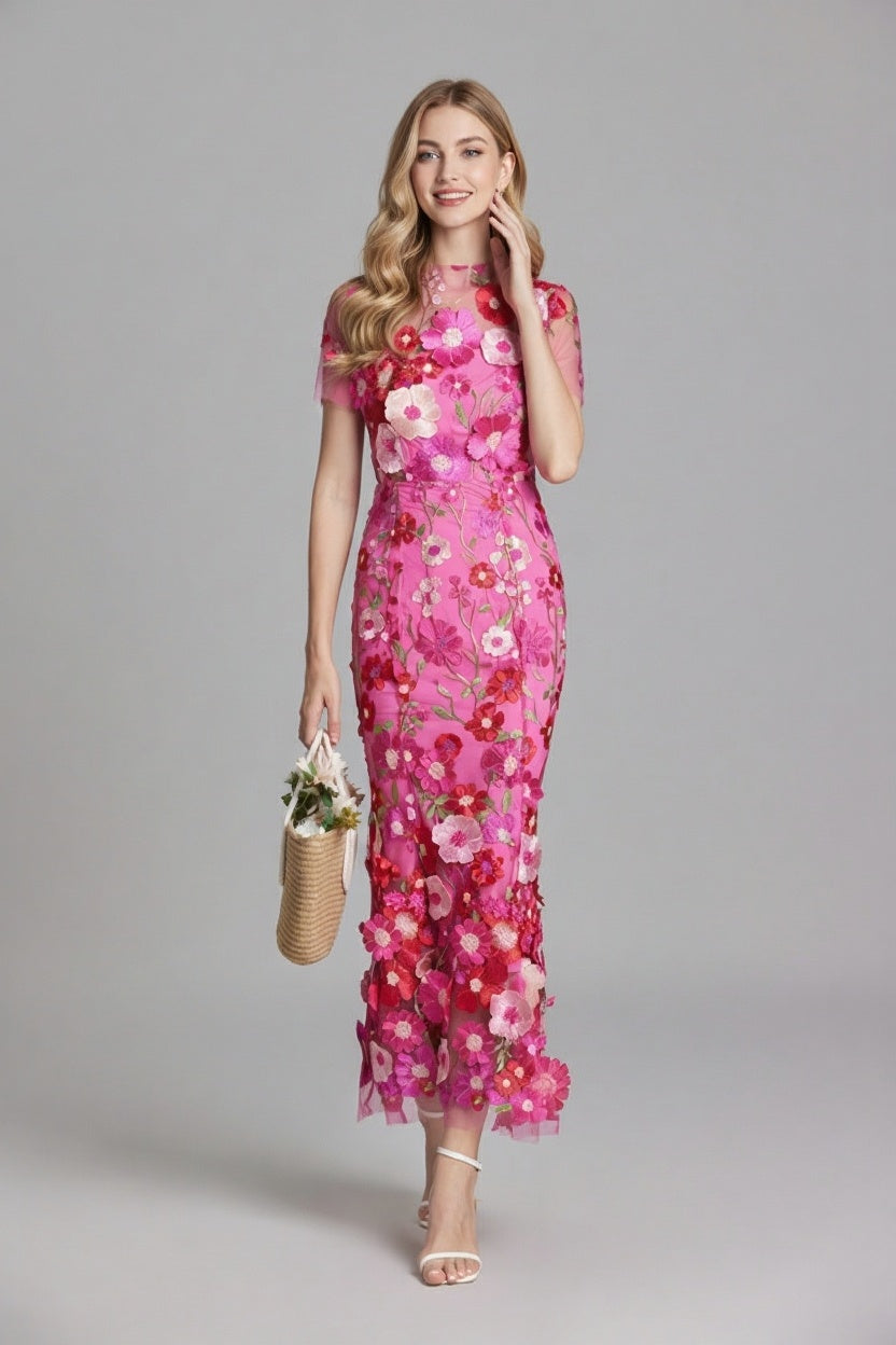 Women’s Floral Embroidered Sheer Maxi Dress with Short Sleeves