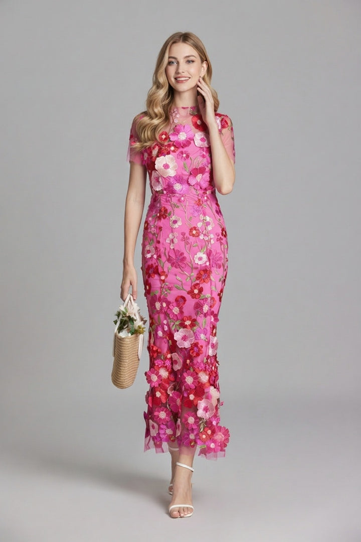 Women’s Floral Embroidered Sheer Maxi Dress with Short Sleeves