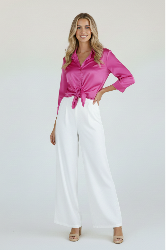 Women’s Satin Button-Front Shirt with Long Sleeves