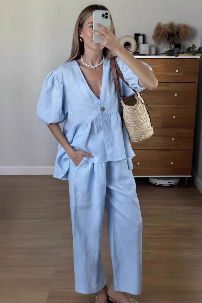 Women’s Cotton Puff sleeves Top Two Piece Set with Flowing Pants