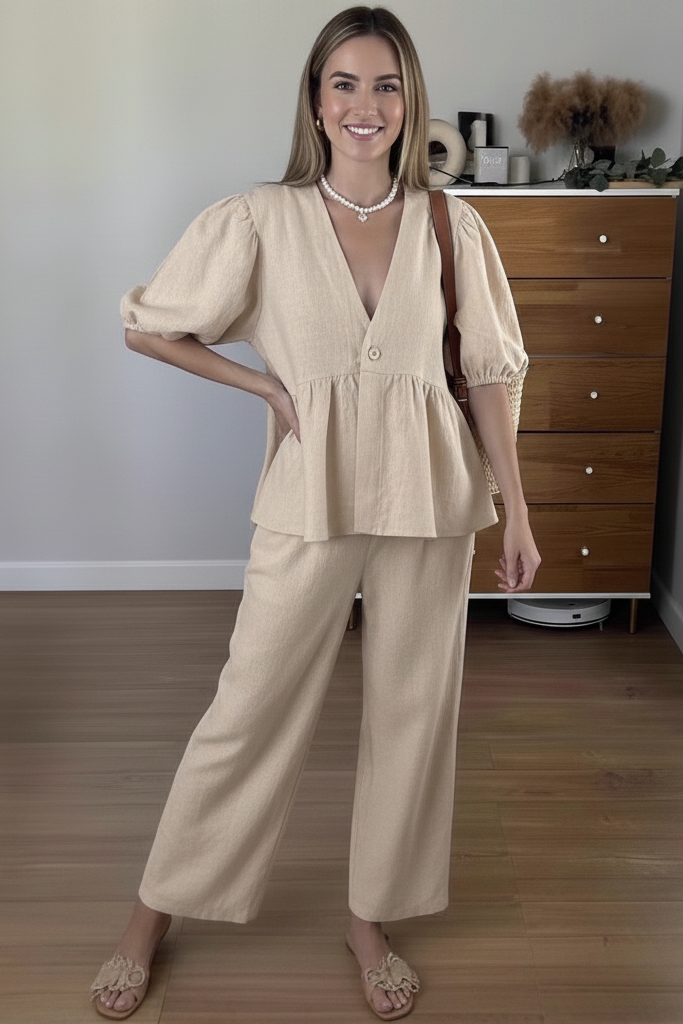 Women’s Cotton Puff sleeves Top Two Piece Set with Flowing Pants