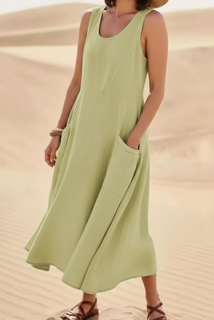 Women’s Sleeveless Cotton A-line Summer Midi Dress with Side Pockets