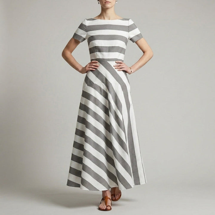 Women's A-Line Ankle-Length Striped Maxi Dress with Pockets