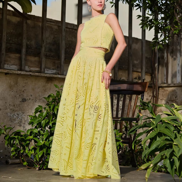 Women’s Embroidered High-Neck Crop Top Two Piece Set with A-Line Maxi Skirt
