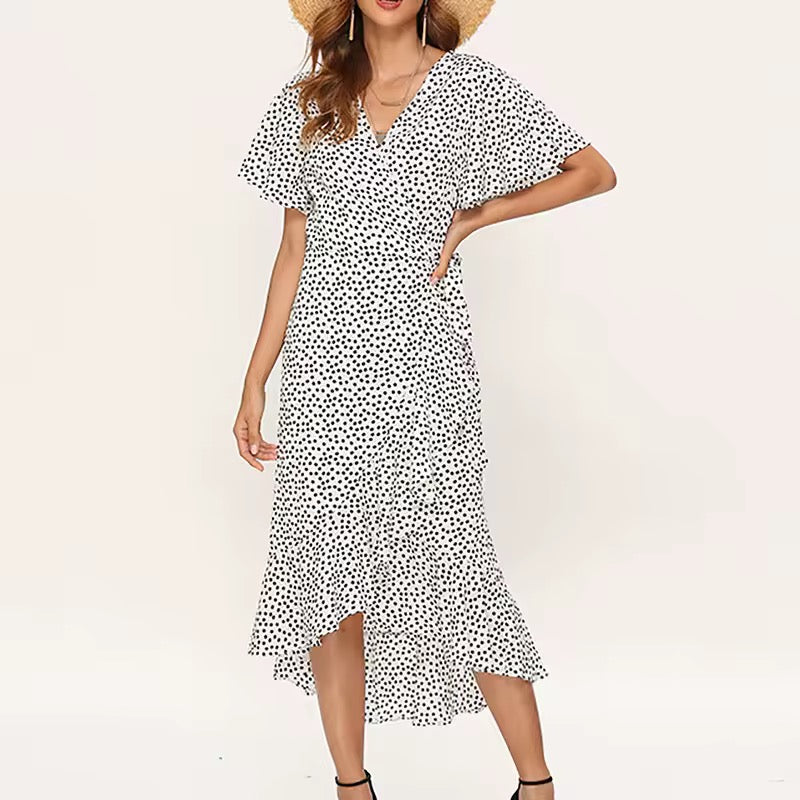 Women’s Polka Dot Ruffle Wrap Maxi Dress with V-neck