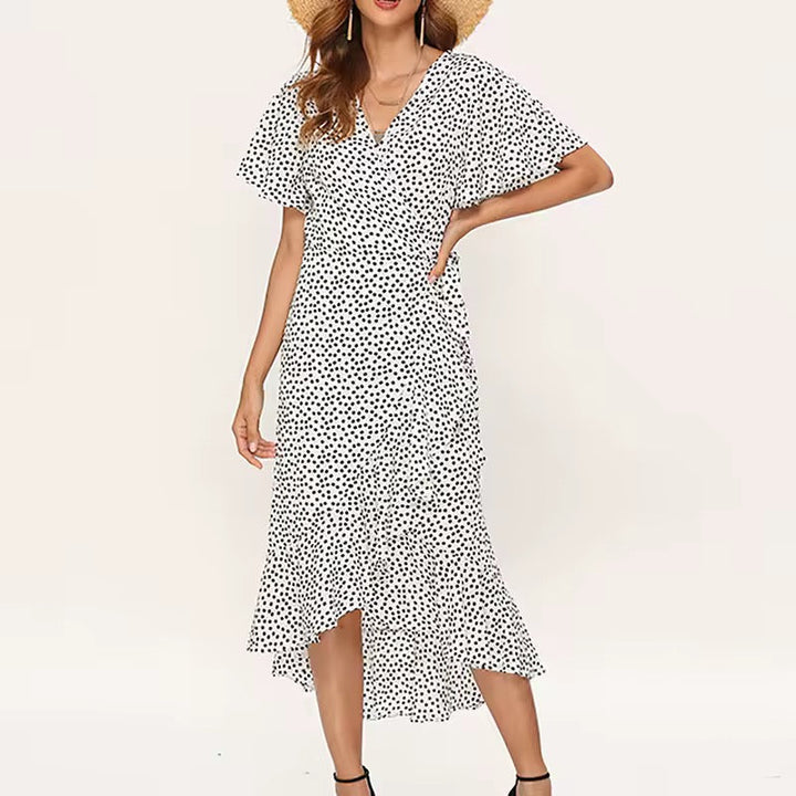 Women’s Polka Dot Ruffle Wrap Maxi Dress with V-neck