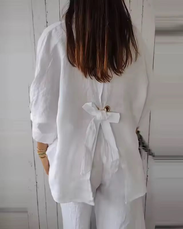 Women’s Cotton Linen Button-Front Shirt with Back Tie