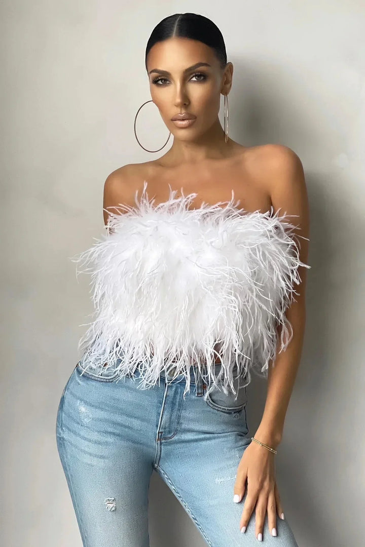 Women’s Strapless Feather Bandeau Crop Top