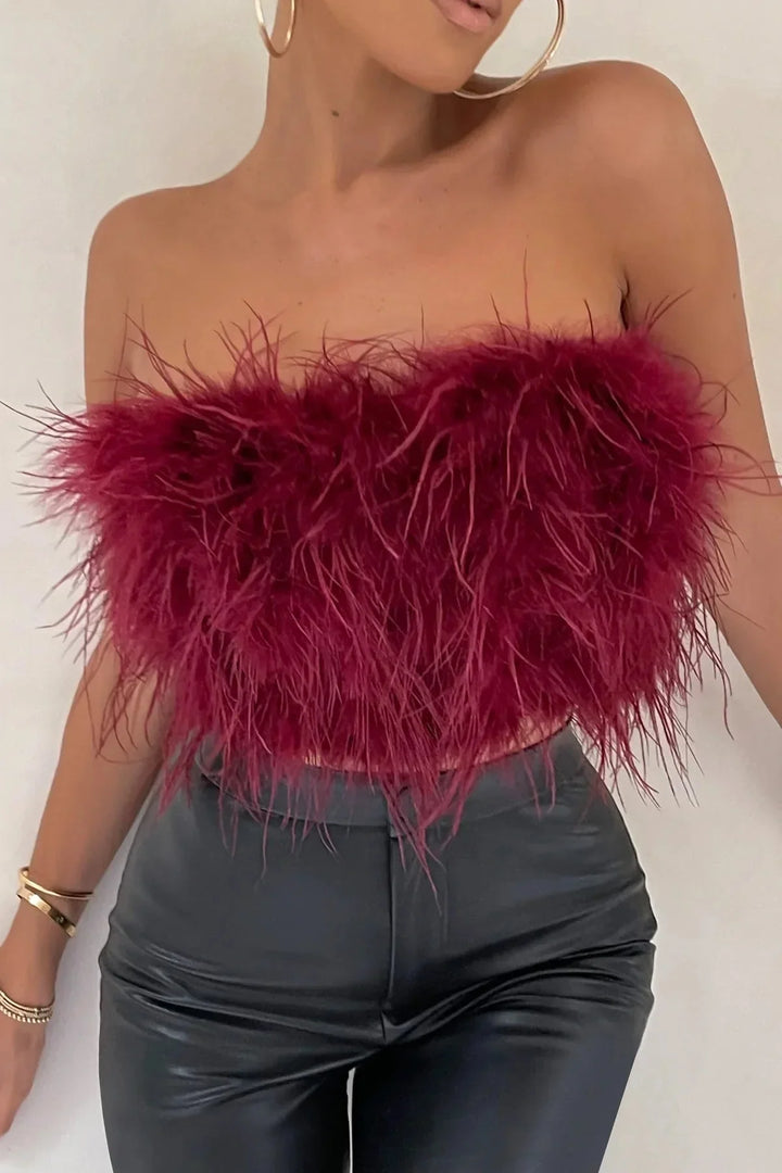 Women’s Strapless Feather Bandeau Crop Top