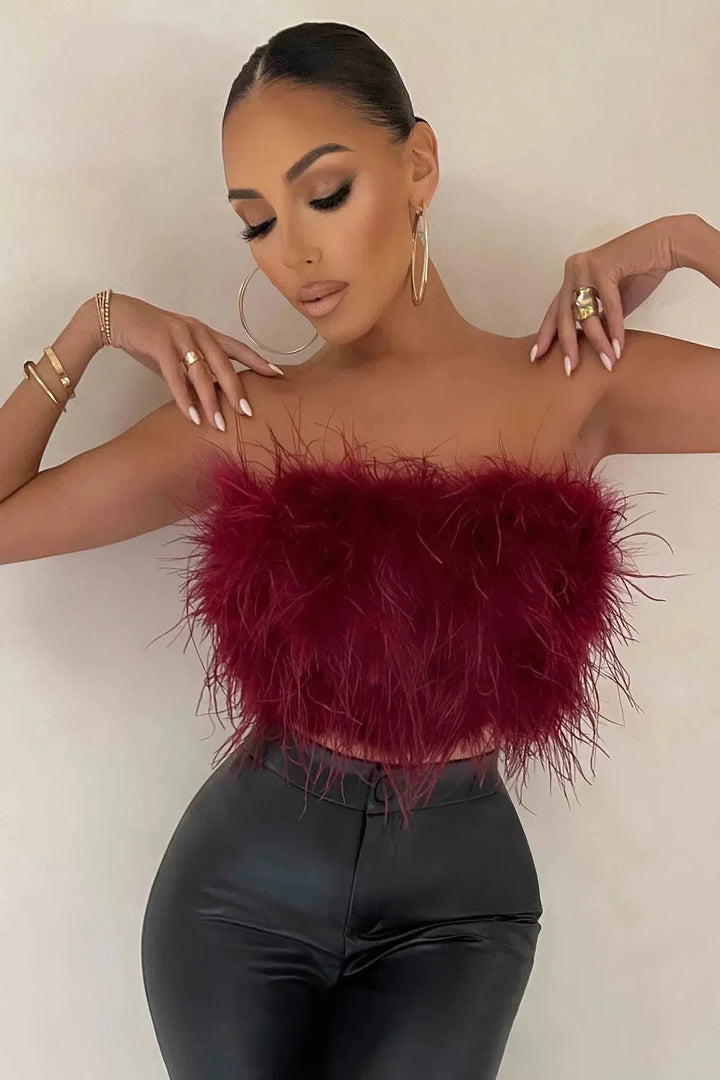 Women’s Strapless Feather Bandeau Crop Top