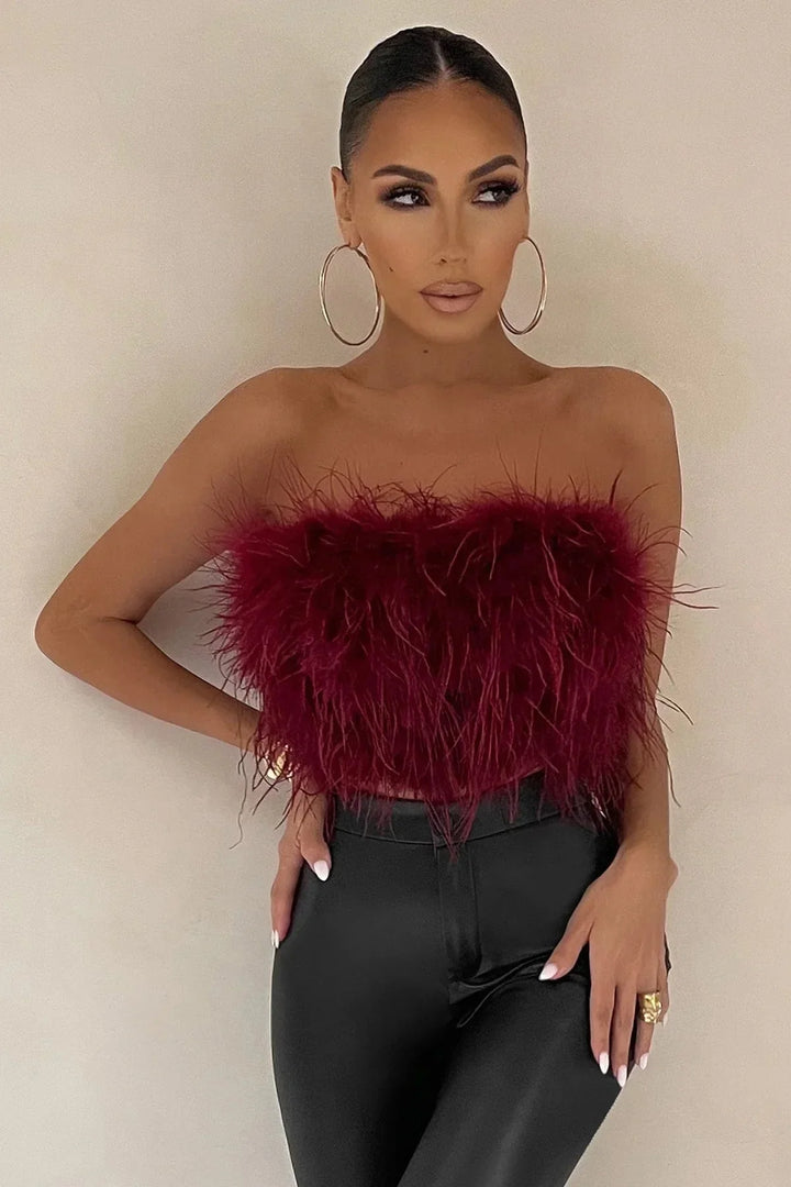 Women’s Strapless Feather Bandeau Crop Top