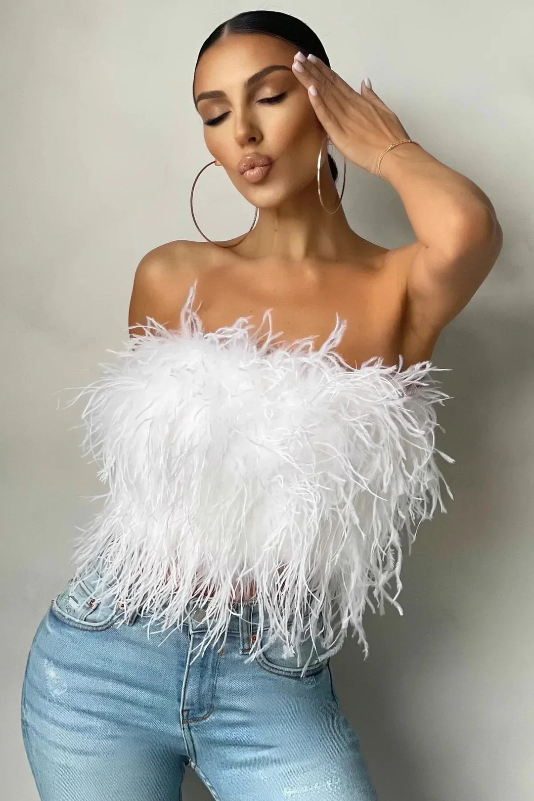 Women’s Strapless Feather Bandeau Crop Top