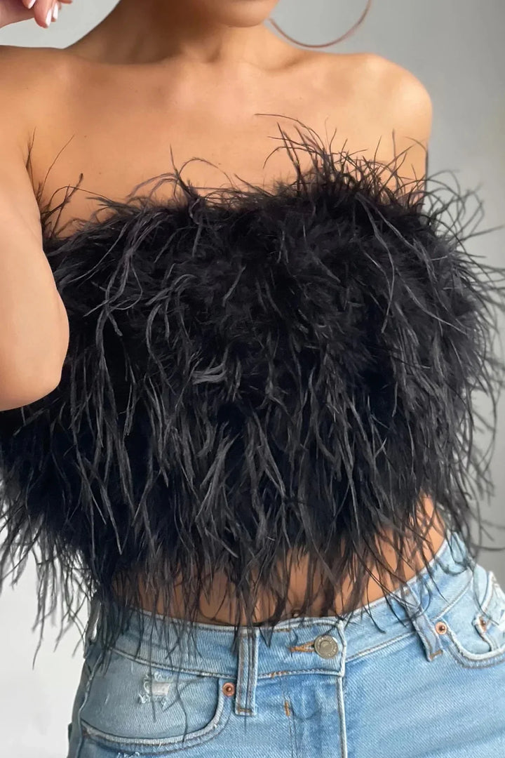 Women’s Strapless Feather Bandeau Crop Top