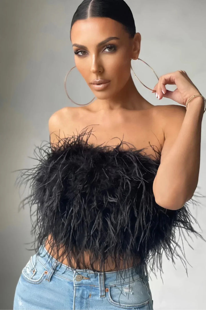 Women’s Strapless Feather Bandeau Crop Top