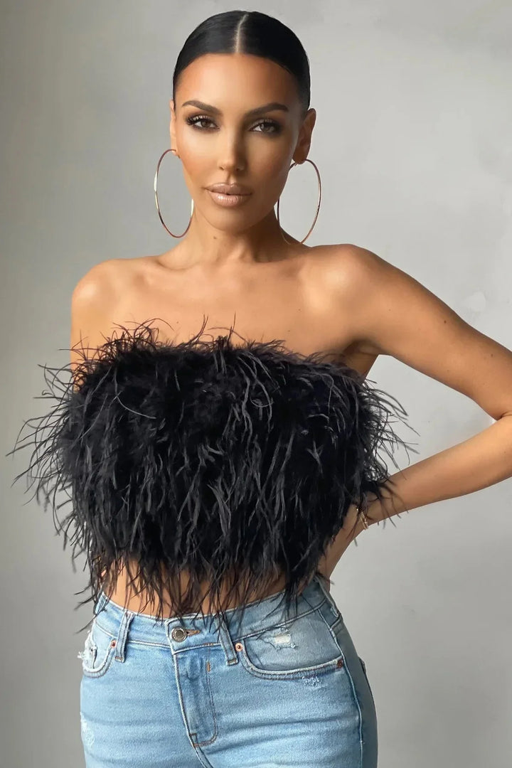 Women’s Strapless Feather Bandeau Crop Top
