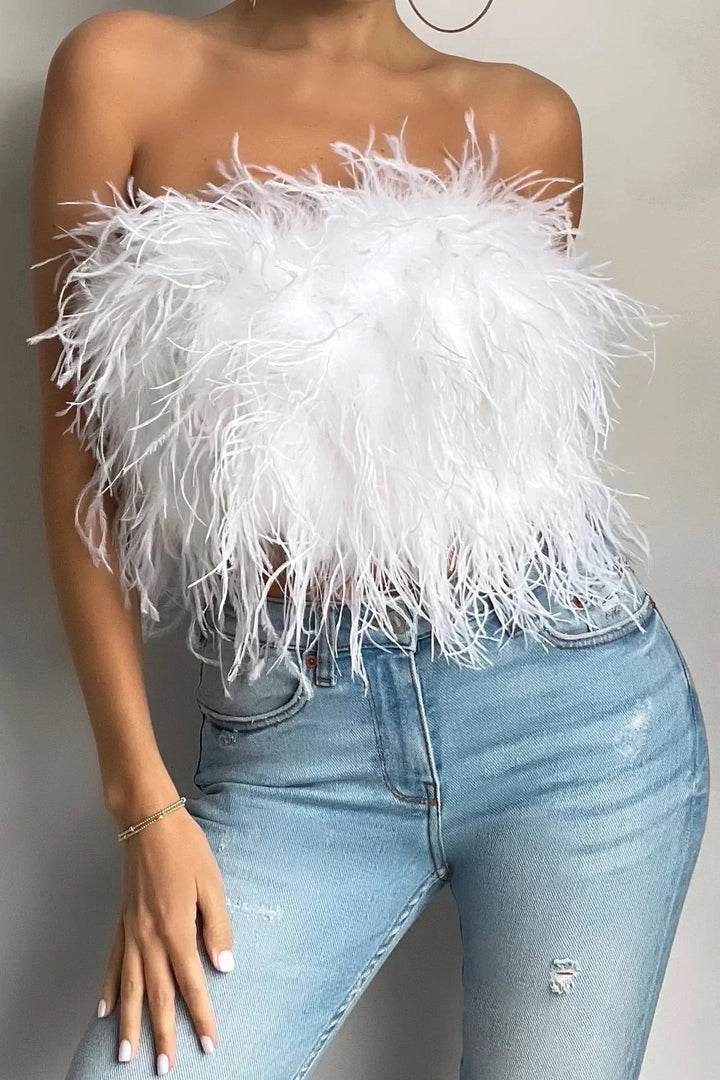 Women’s Strapless Feather Bandeau Crop Top
