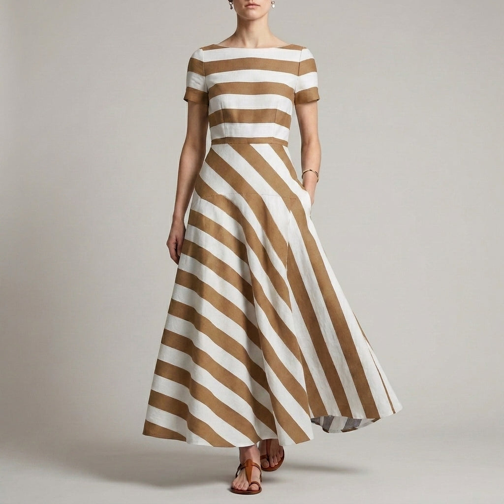 Women's A-Line Ankle-Length Striped Maxi Dress with Pockets