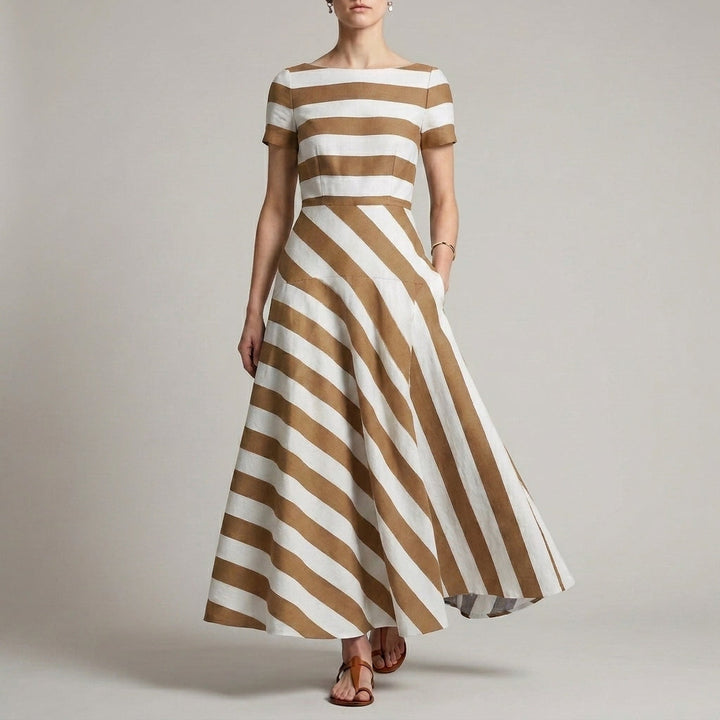 Women's A-Line Ankle-Length Striped Maxi Dress with Pockets