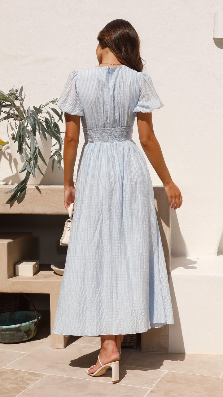 Women’s Midi Dress with Puff Sleeves and V-Neck