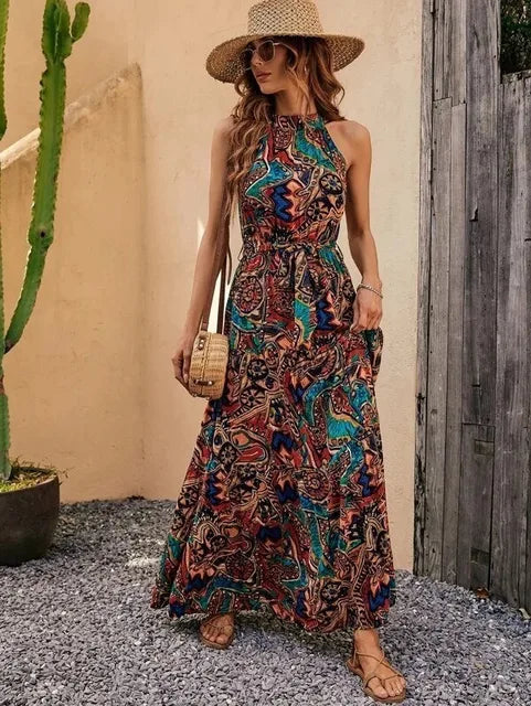 Women’s Retro Print Halter-Neck Maxi Dress