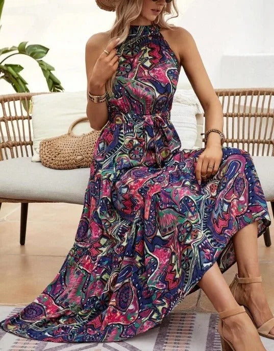 Women’s Retro Print Halter-Neck Maxi Dress
