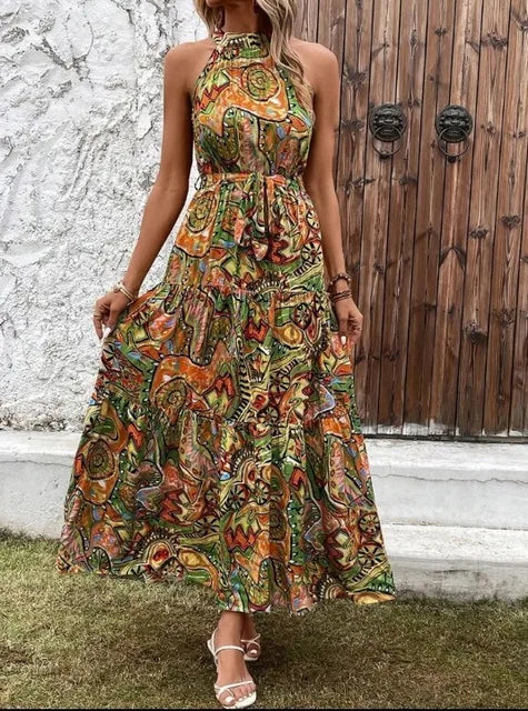 Women’s Retro Print Halter-Neck Maxi Dress