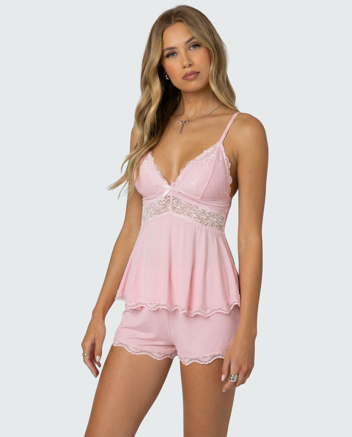 Women's Cami Pajama Shorts Set with Lace Trim and Adjustable Straps