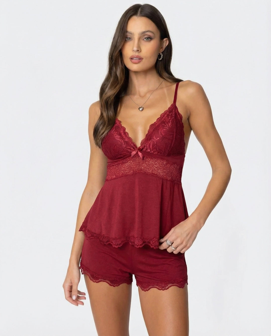 Women's Cami Pajama Shorts Set with Lace Trim and Adjustable Straps