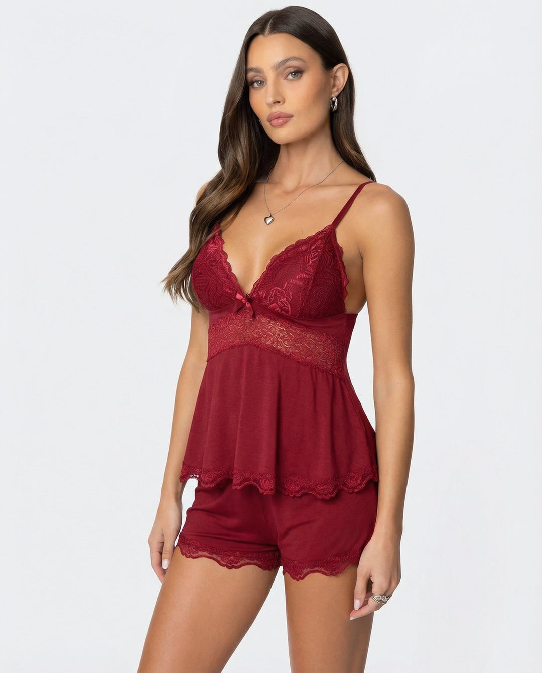 Women's Cami Pajama Shorts Set with Lace Trim and Adjustable Straps