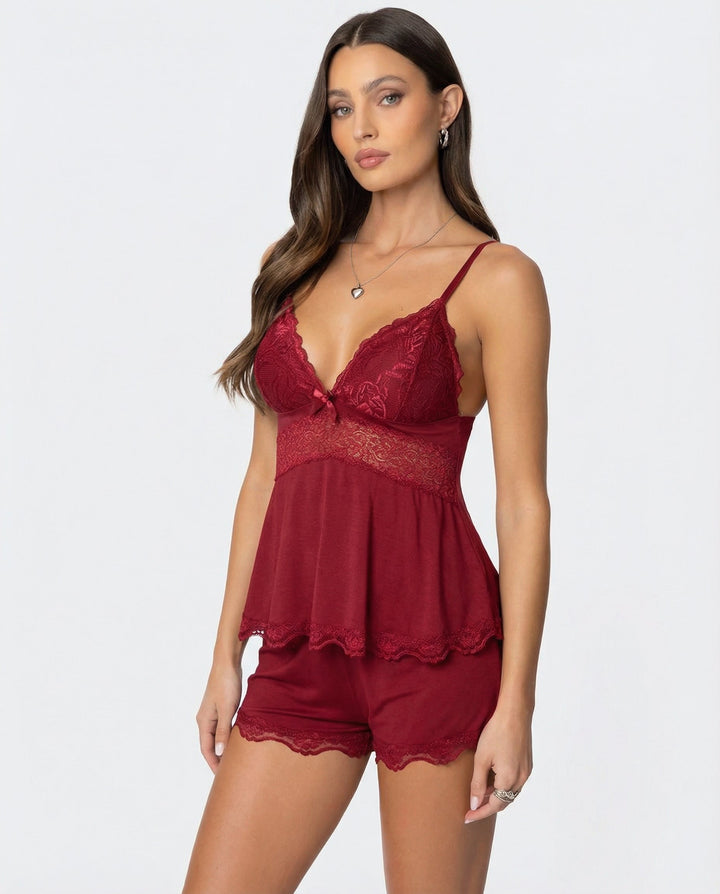 Women's Cami Pajama Shorts Set with Lace Trim and Adjustable Straps