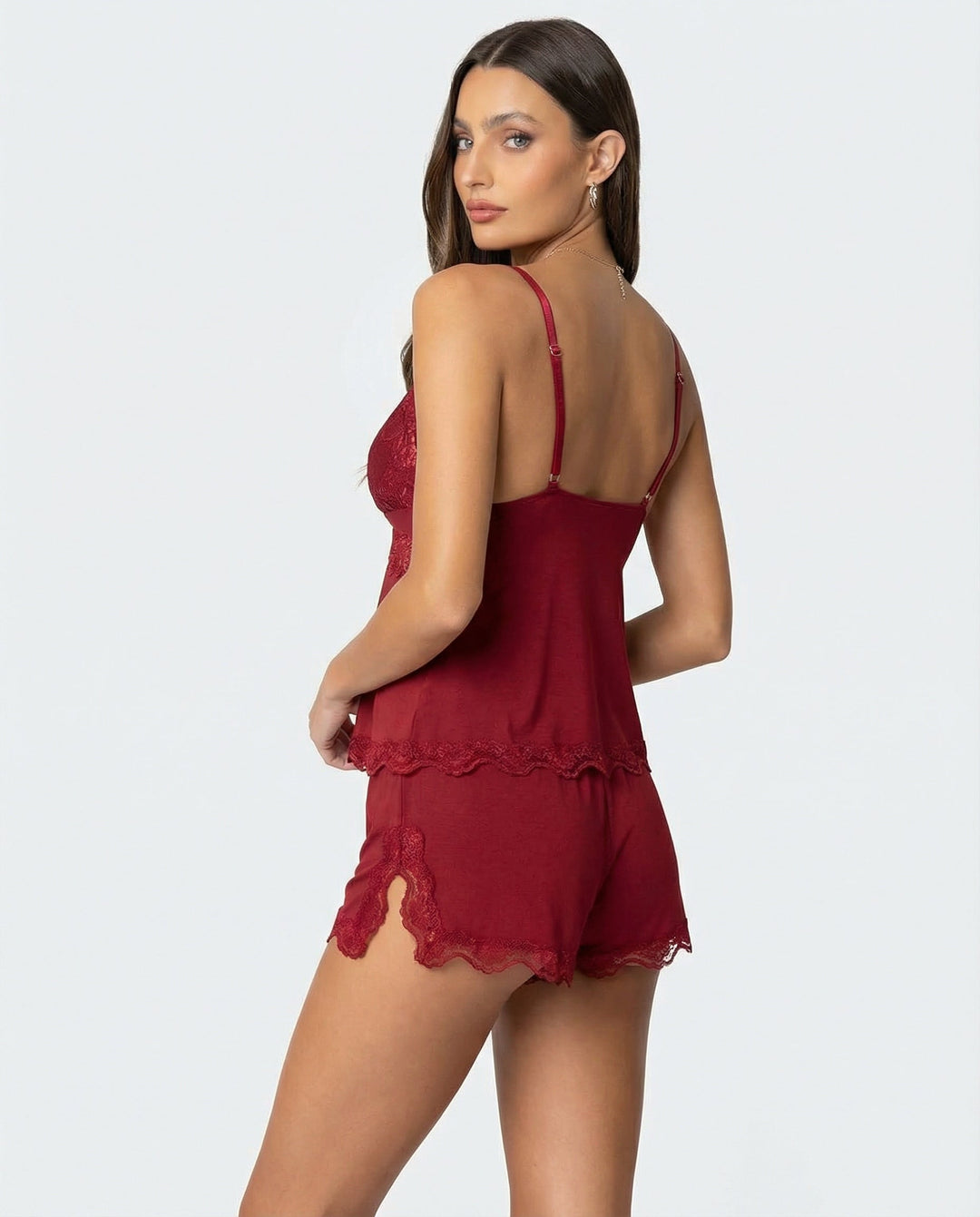 Women's Cami Pajama Shorts Set with Lace Trim and Adjustable Straps