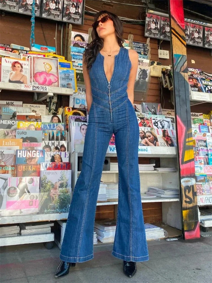 Women’s Sleeveless Jumpsuit with Cutout Back and Flared Leg