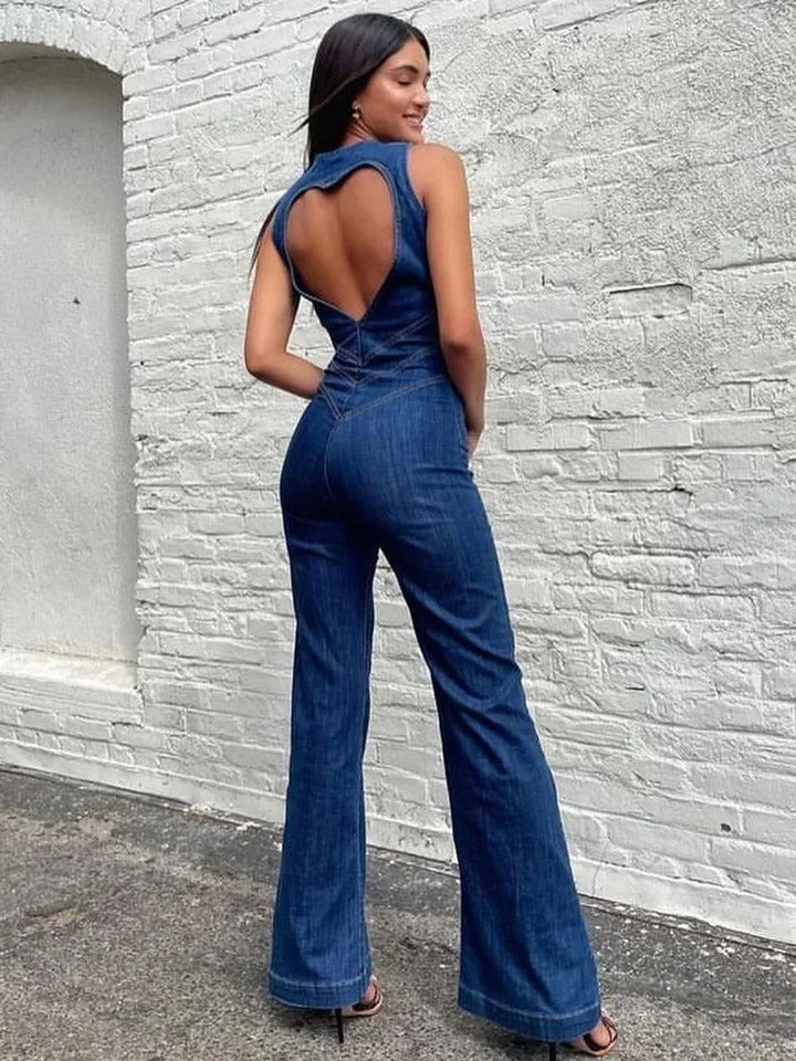 Women’s Sleeveless Jumpsuit with Cutout Back and Flared Leg