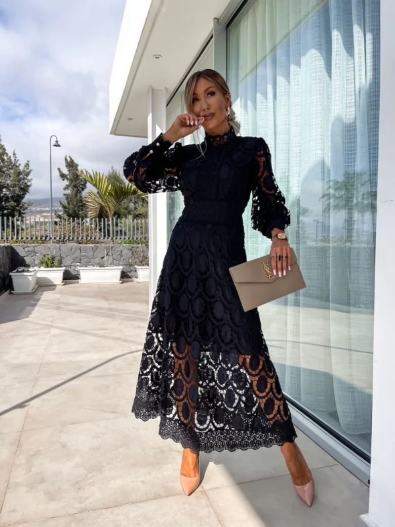 Women’s Midi Dress with High Neck and Puff Sleeves
