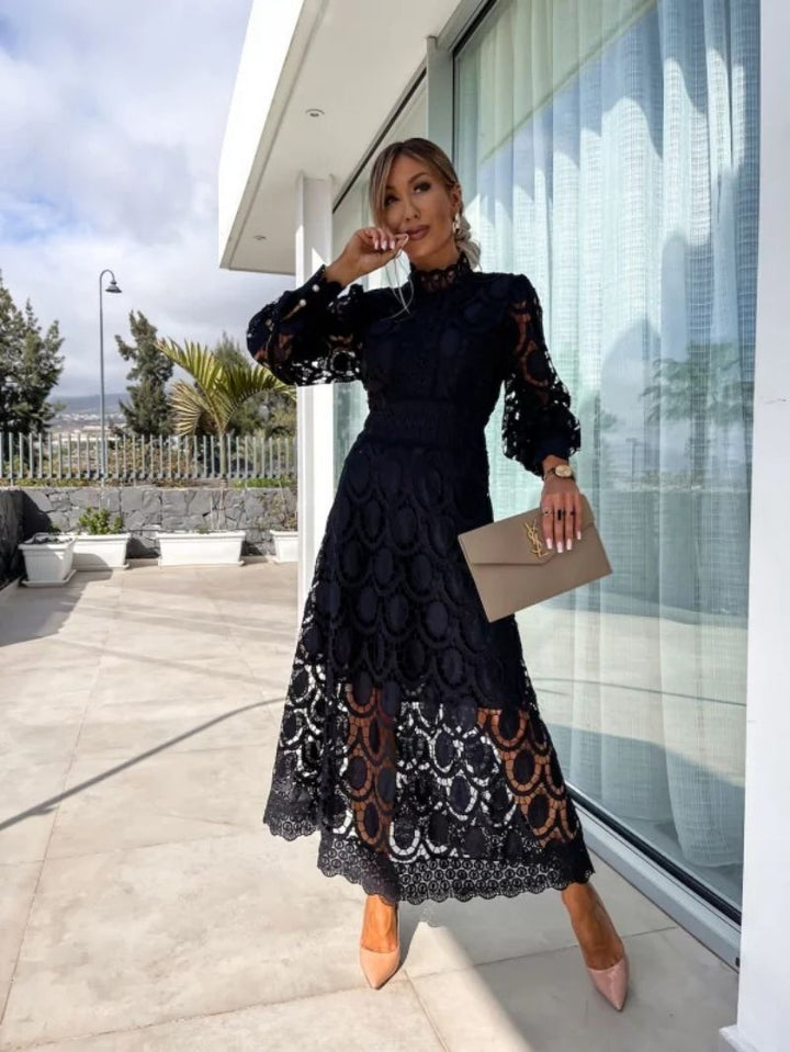 Women’s Midi Dress with High Neck and Puff Sleeves
