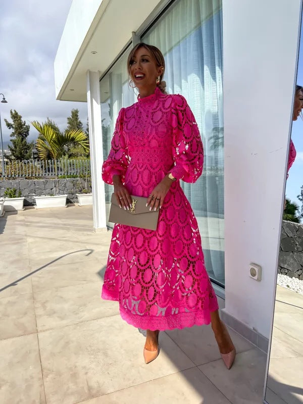 Women’s Midi Dress with High Neck and Puff Sleeves