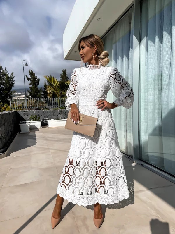 Women’s Midi Dress with High Neck and Puff Sleeves