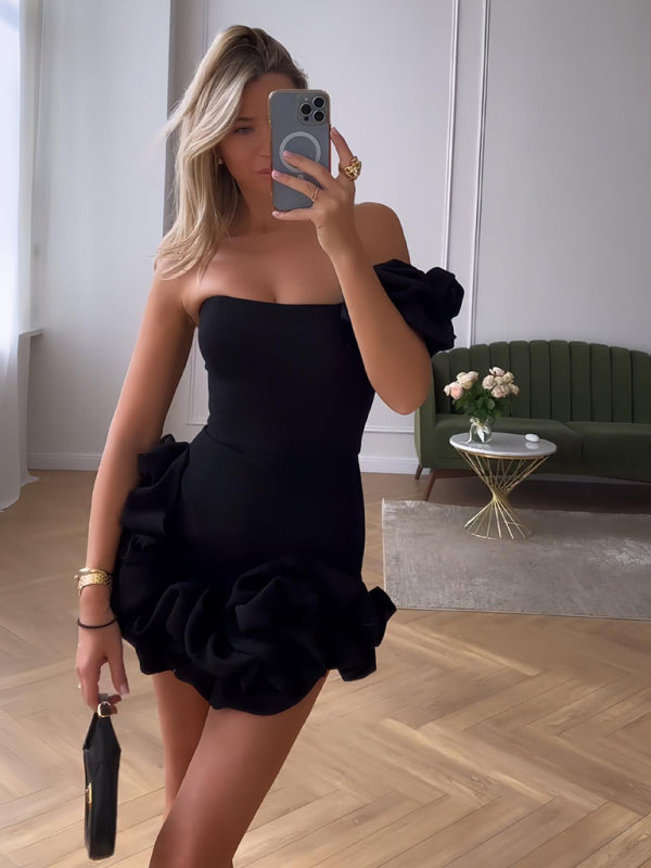 Women’s One-Shoulder Ruffled Cocktail Mini Dress