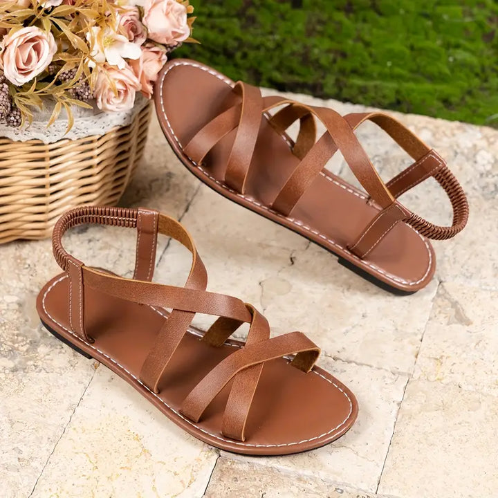 Women’s Slip-On Cross-Cross Strap Flat Sandals with Elastic Back